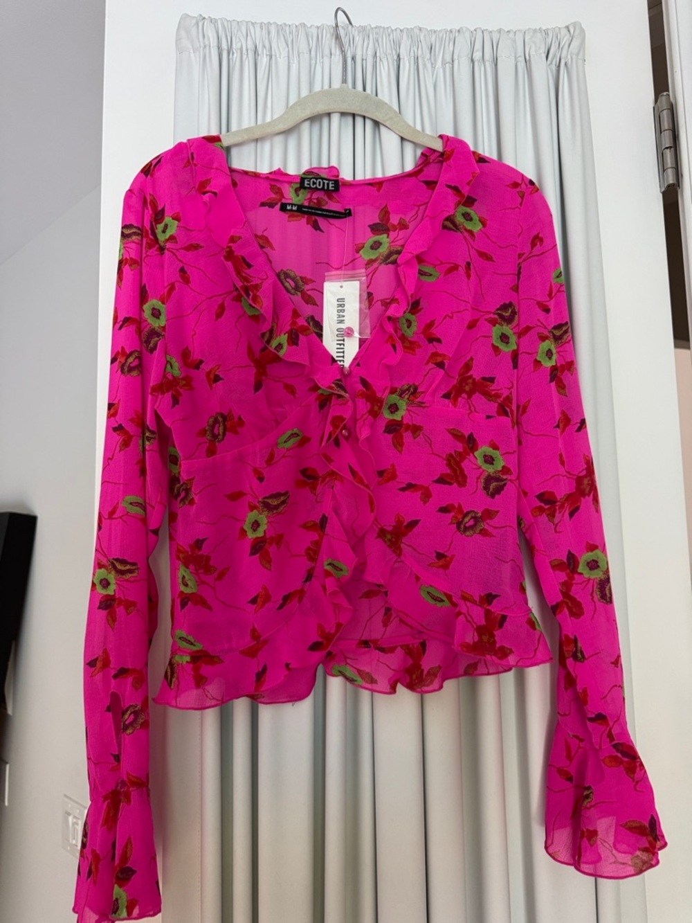 Ecote Hot Pink Floral Ruffle V-Neck Blouse